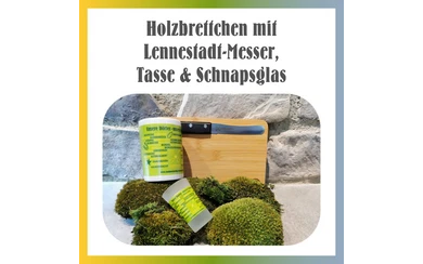 Holzbrett mit Messer, Tasse & Schnapsglas