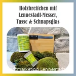 Holzbrett mit Messer, Tasse & Schnapsglas